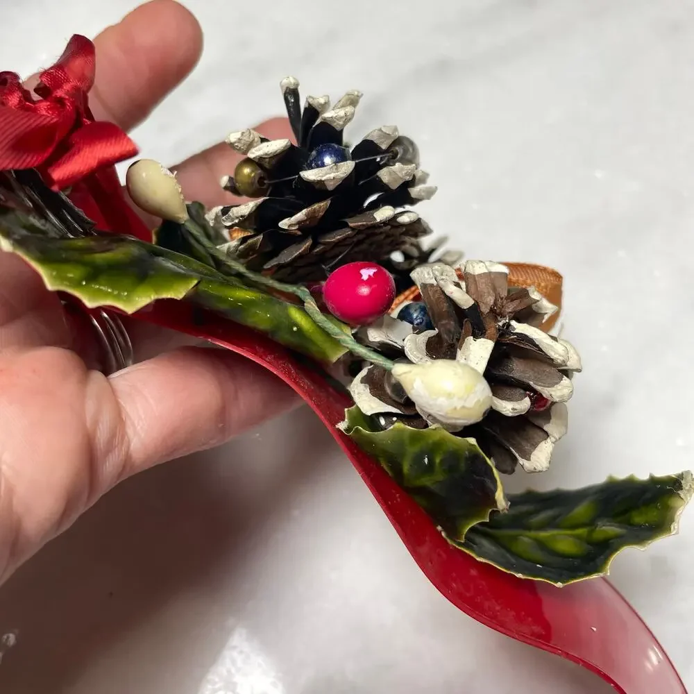 Vintage Sleigh Bell Door Hanger Red Vinyl Strap Jingle MCM Christmas Pinecones